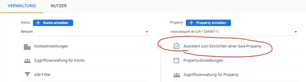 Screenshot der Google Analytics Verwaltung. "Assistent zum Einrichten einer GA4-Property" ist rot markiert.