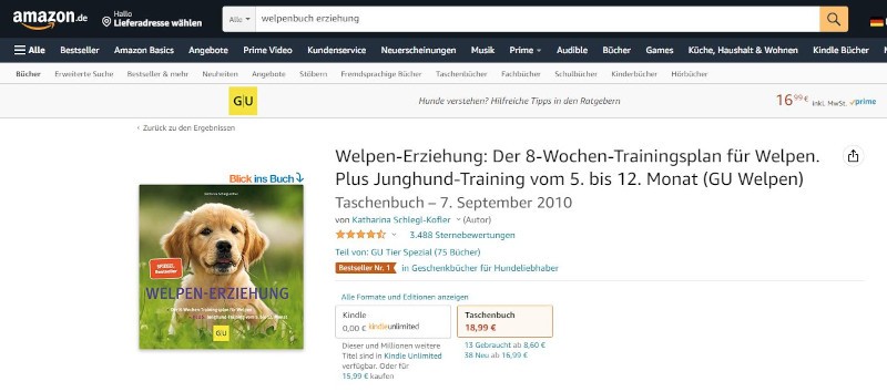 Screenshot einer Amazon Produktseite: "Welpen Erziehung: Der 8-Wochen-Trainingsplan"