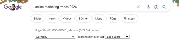 Screenshot der Google-Suchseite. "Online Marketing Trends 2024" ist in Suchfeld eingegeben.