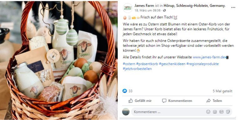 Screenshot eines Facebook Posts von James Farm zu ihrem Oster Korb
