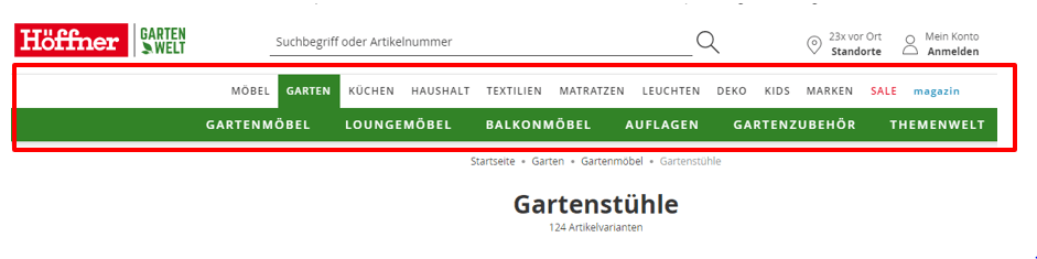 Screenshot der Website-Navigation von hoeffner.de