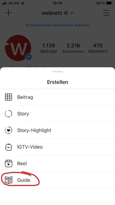 Instagram Guides ist über das Content-Menü auf dem Profil zu erreichen. webnetz instagram kanal