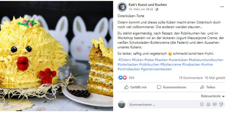 Screenshot eines Facebook Posts von Kati's Kunst und Kuchen zu ihrer Osterküken-Torte