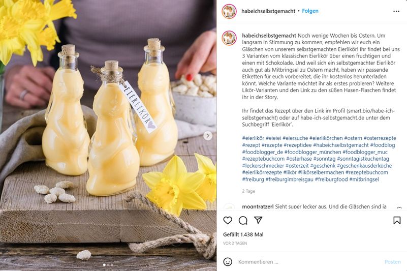 Screenshot eines Instagram Posts von habeichselbstgemacht zu ihrem Oster-Eierlikör