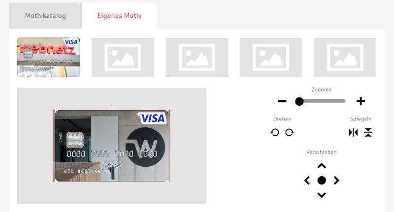 Screenshot eines Tools, mit dessen Hilfe das Motiv einer Kreditkarte personalisiert werden kann.