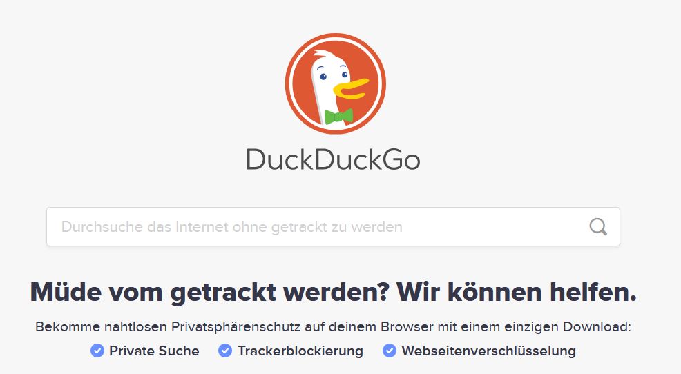 Screenshot der DuckDuckGo Startseite