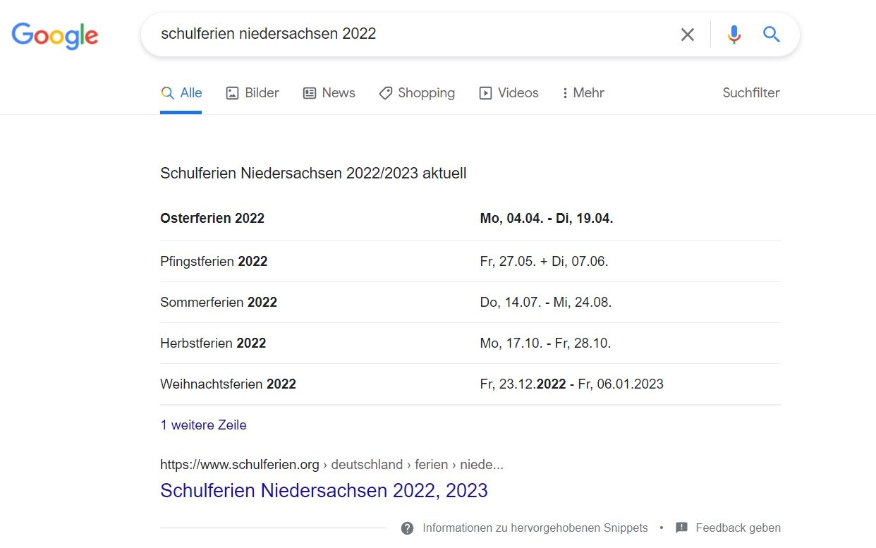 Beispiel Tabellen Snippet anhand der Suchanfrage "Schulferien Niedersachsen 2022"