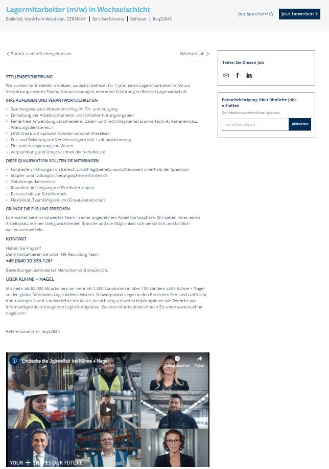 Screenshot der Website von Kühne+Nagel mit Sellenangebot