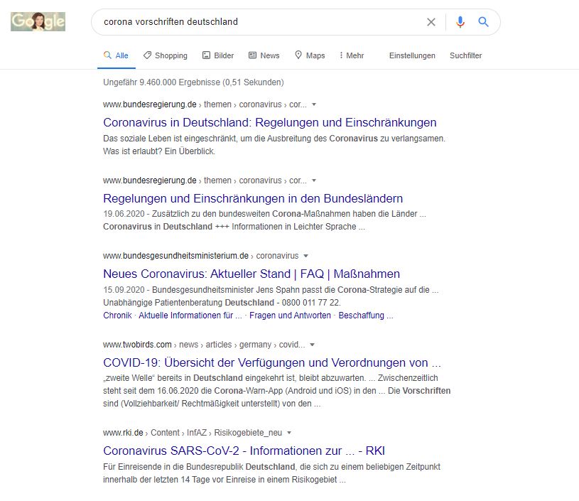 Screenshot der Google SERPs zum Keyword corina vorschriften deutschland