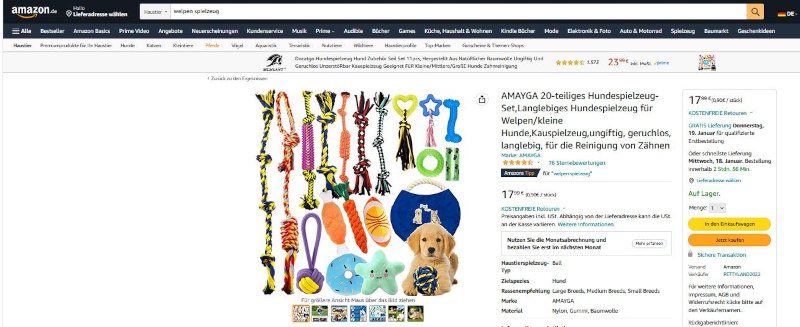 Screenshot einer Amazon Produktseite eines 20-teiligen Hundespielzeug-Sets.