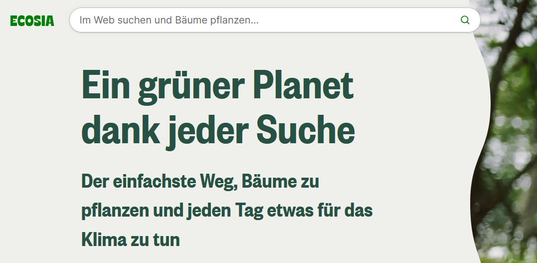 Screenshot der Startseite von Ecosia.de