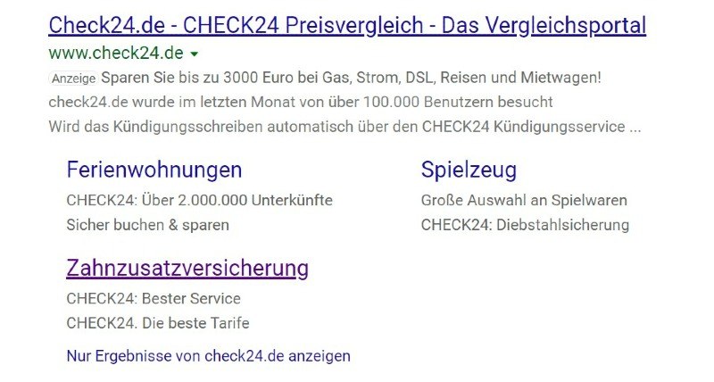 Screenshot eines Suchergebnisses von check24.de mit Sitelinks