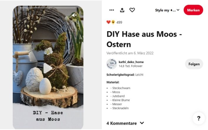 Screenshot eines Pinterest Posts von kathi_deko_home zu ihrem DIY Hasen aus Moos