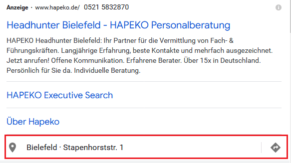 Screenshot Google Ads  Standorterweiterung von hapeko.de