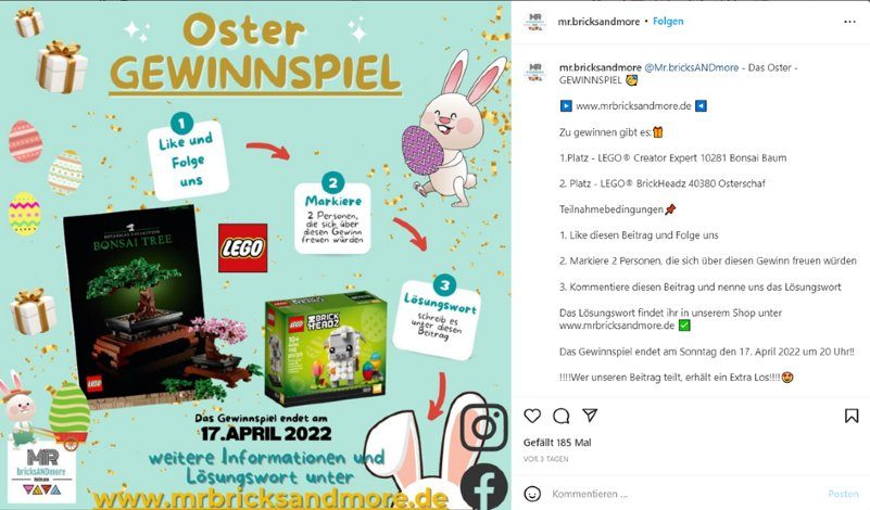Screenshot eines Instagram Posts von mrbricksandmore zu ihrem Oster Gewinnspiel