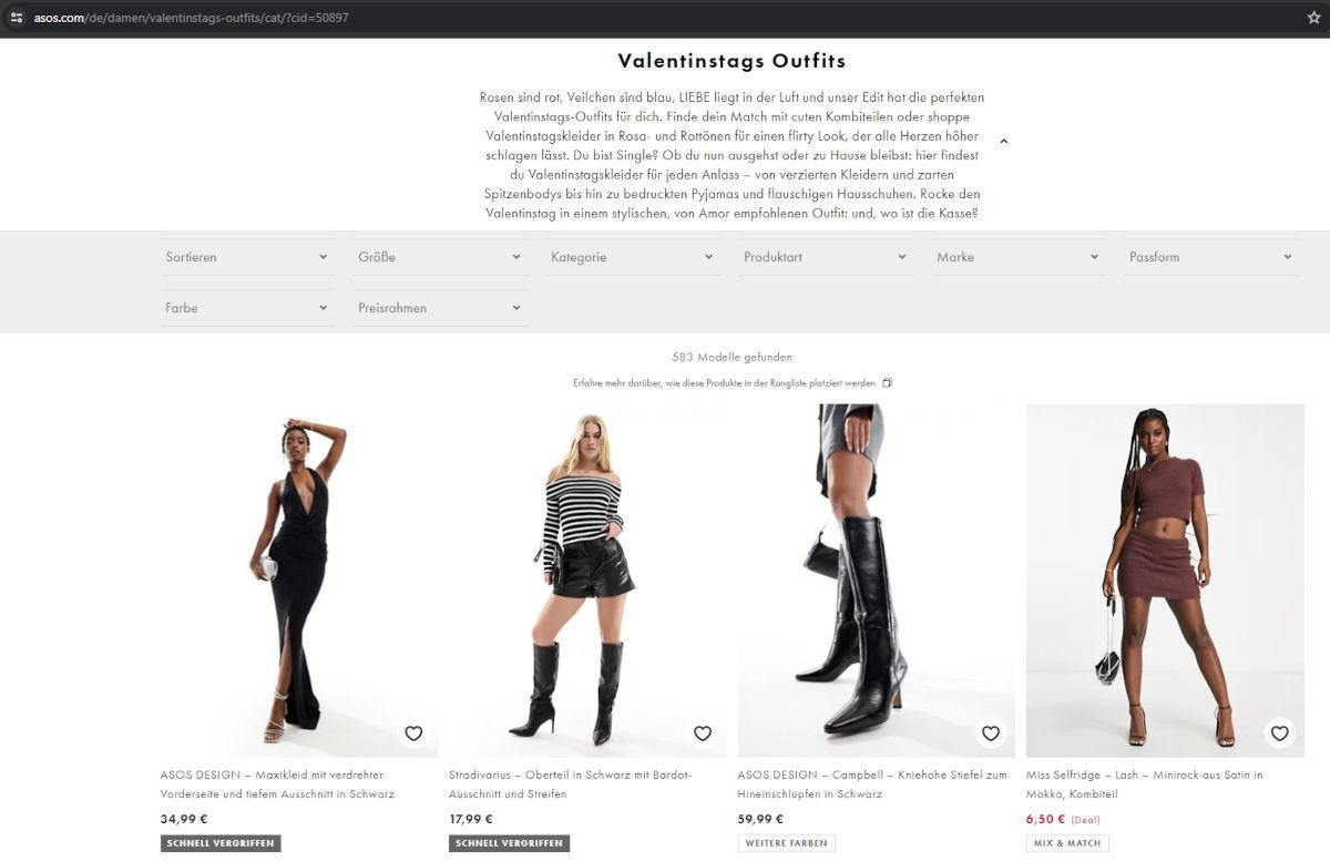 Screenshot der Kategorieseite zu Valentinstags-Outfits im Asos-Onlineshop.