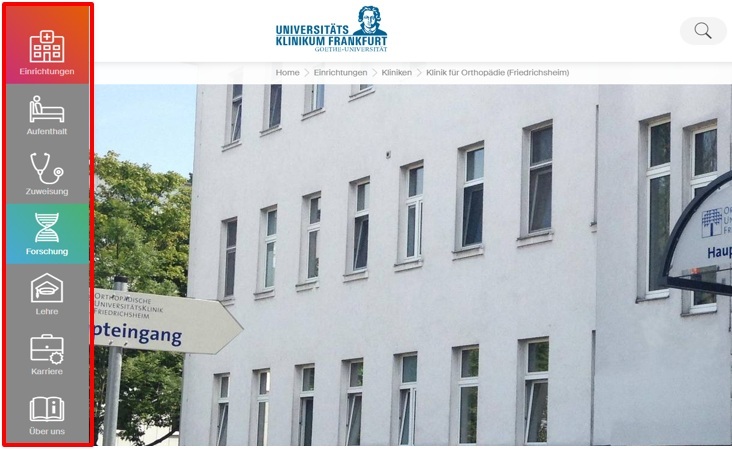 Screenshot der Website-Navigation des Universitätsklinikums Frankfurt