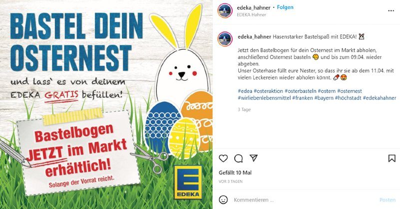 Screenshot eines Instagram Posts von edeka_hahner zu ihrem Osternest zum selbst basteln