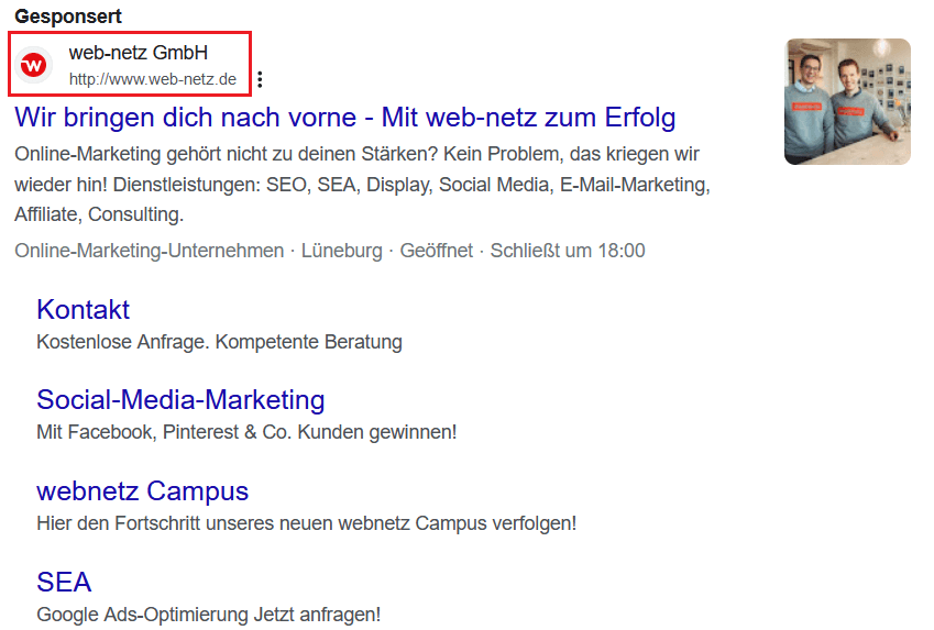 Unternehmensname und Logo in der Google-Suche anhand von web-netz.de