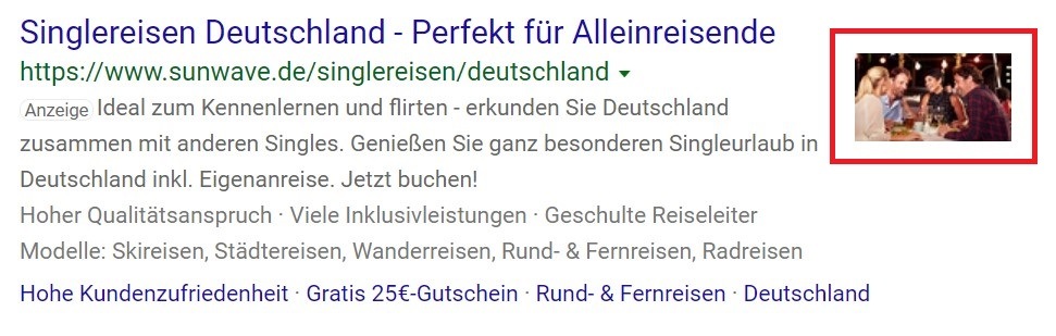 Screenshot eines Bing Suchergebnisses von Sunwave.de. Die Action Extension ist rot markiert.