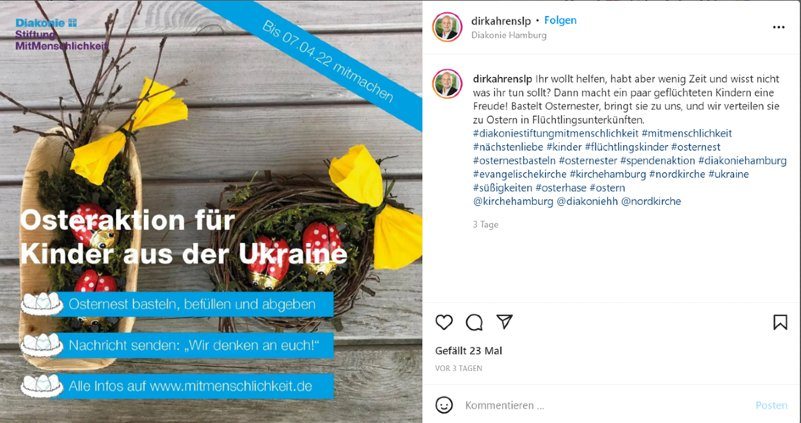 Screenshot eines Instagram Posts von dirkahrenslp zur Osteraktion für Kinder aus der Ukraine