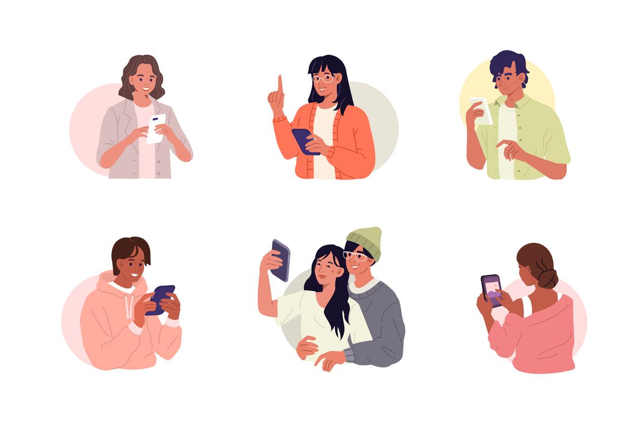 Sieben Personen benutzen glücklich ihre Smartphones