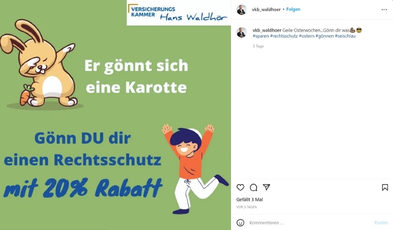 Screenshot eines Instagram Posts von vkb_waldhoer zu ihrem Osterrabatt-Angebot