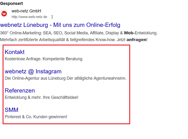Screenshot Google Ads Sitelinks von web-netz.de