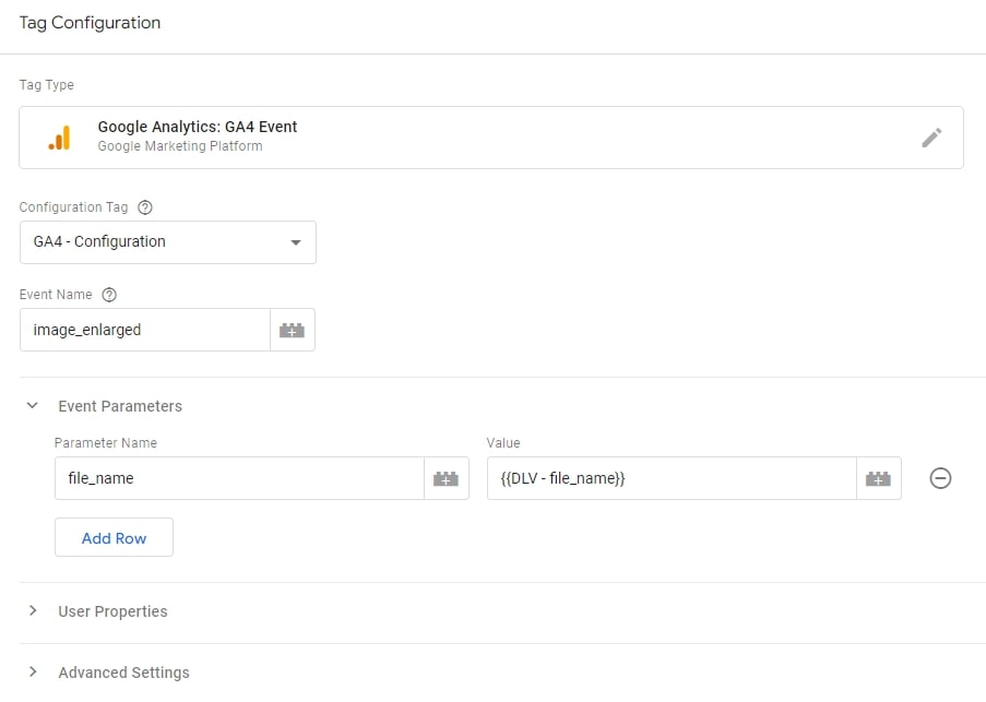 Screenshot des Google Analytics "Tag Configuration" Menüs.