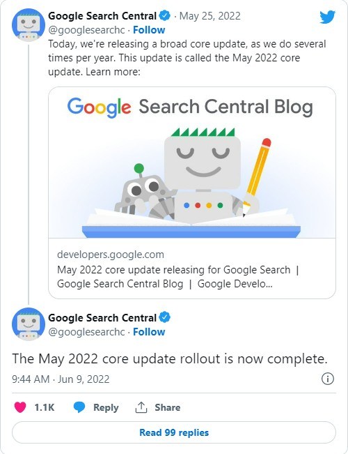 Screenshot der Start- und Endankündigung von Google Updates auf Twitter