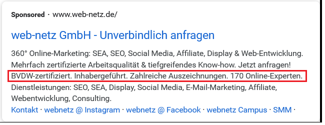 Screenshot Google Ads  Zusatzinformationen von web-netz.de