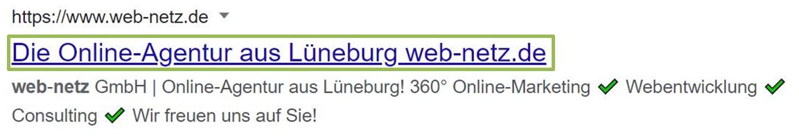 Screenshot des web-netz Snippets in der Google-Suche. Title grün markiert.