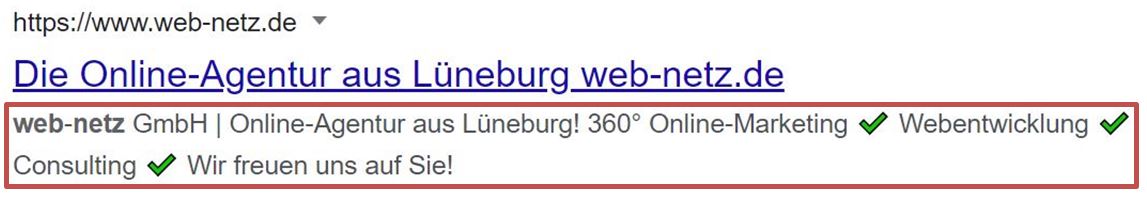 Screenshot des web-netz Snippets in der Google-Suche. Description rot markiert.