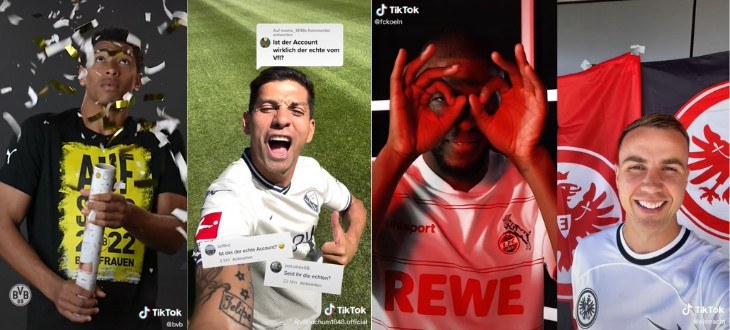 Vier Bilder von den TikTok Profilen deutscher Profifußballern nebeneinandergestellt