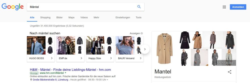 Showcase Shopping Ad in der Google-Suche zum Keyword "Mäntel" 