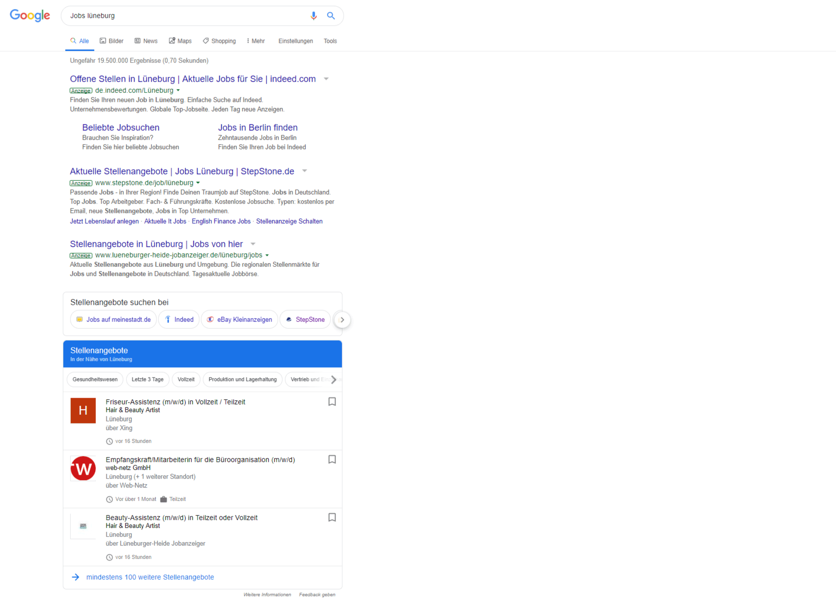 Screenshot Google for Jobs Suche