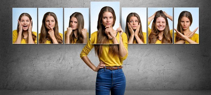 Junge Frau mit gelben Pullover vor grauer Wand mit unterschiedlich zeigenden Emotionen auf Bildern