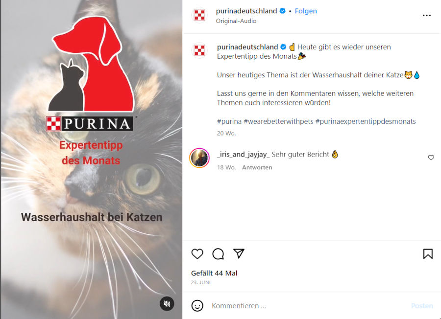 Screenshot eines Instagram-Beitrages von @purinadeutschland