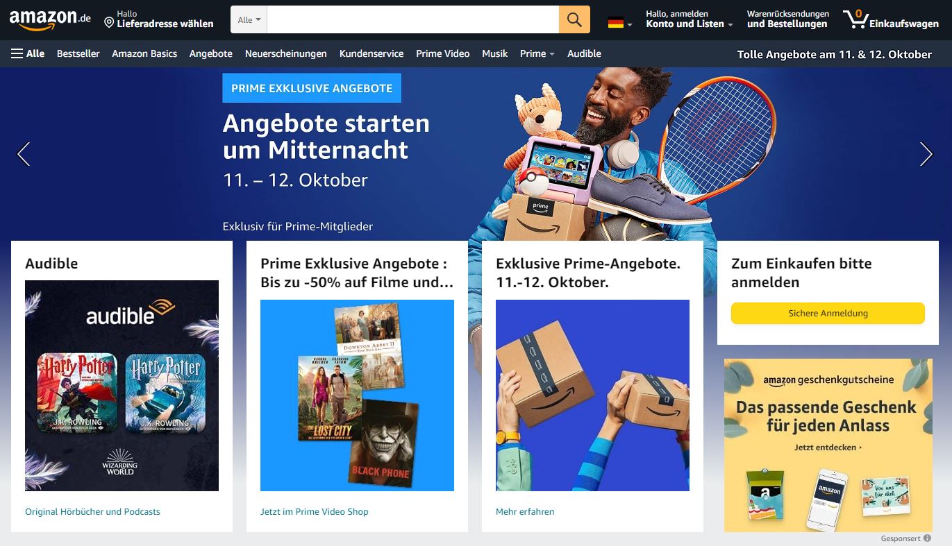 Screenshot der Amazon.de Startseite.