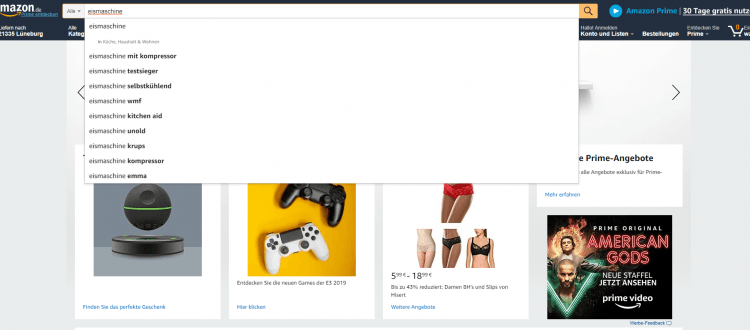 Screenshot Amazon Suche "Eismaschine"