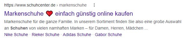 Screenshot einer Google Ergebnisseite der Domain schuhcenter.de
