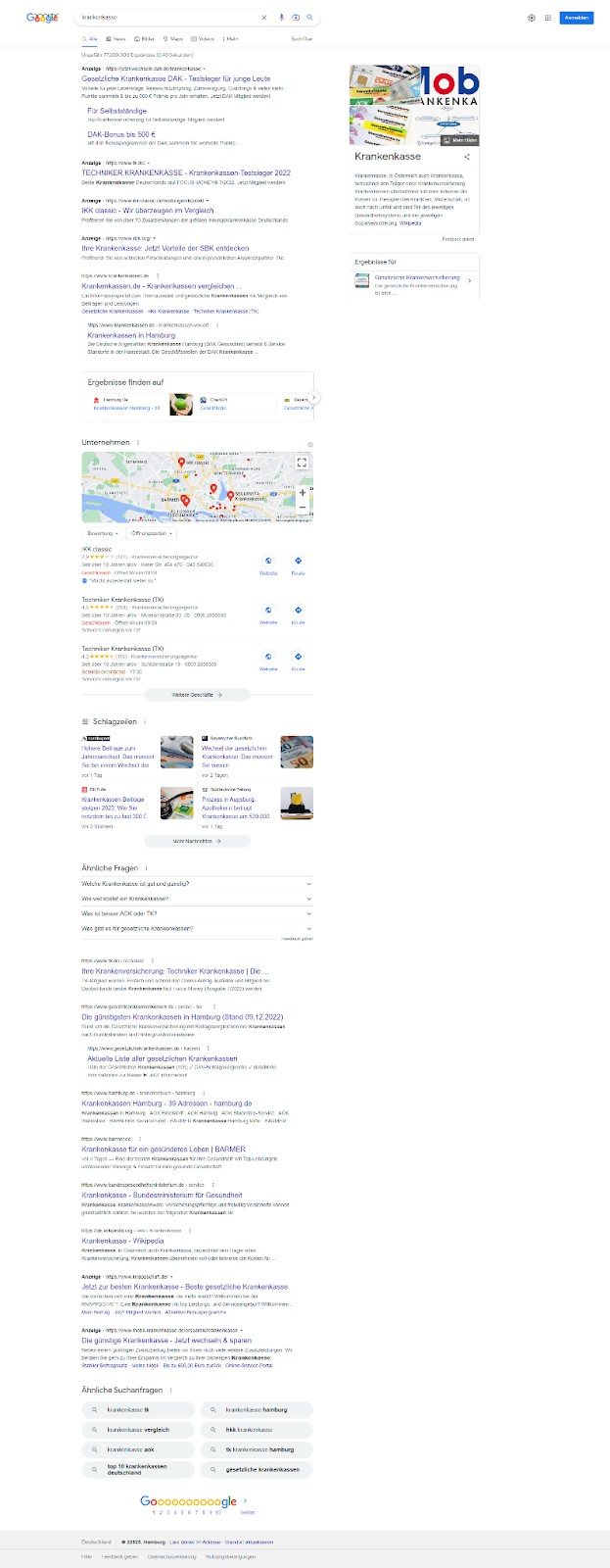 Screenshot der Suchergebnisse für das Keyword „Krankenkasse“.