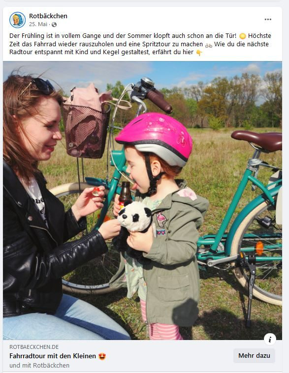 Screenshot eines Rotbäckchen Facebook-Posts zum Thema Fahrradtour mit den Kleinen