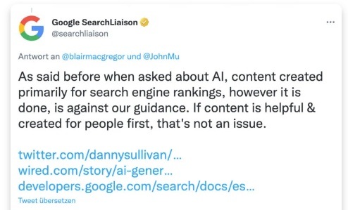 Screenshot Tweet von @searchliaison: "As said before when asked about AI, content created primarily for search engine rankings, however it is done, is against our guidance. If content is helpful [...] that's not an issue."