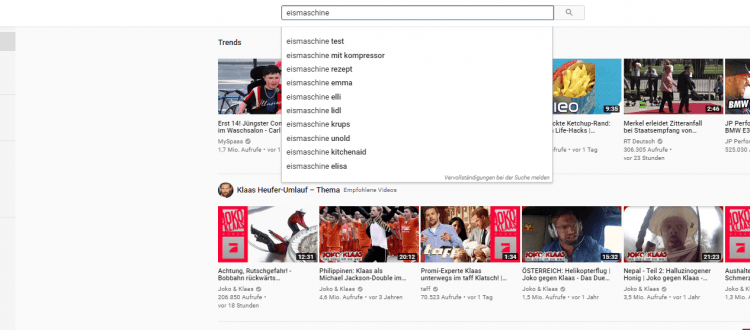 Screenshot Youtube Suche "Eismaschine"